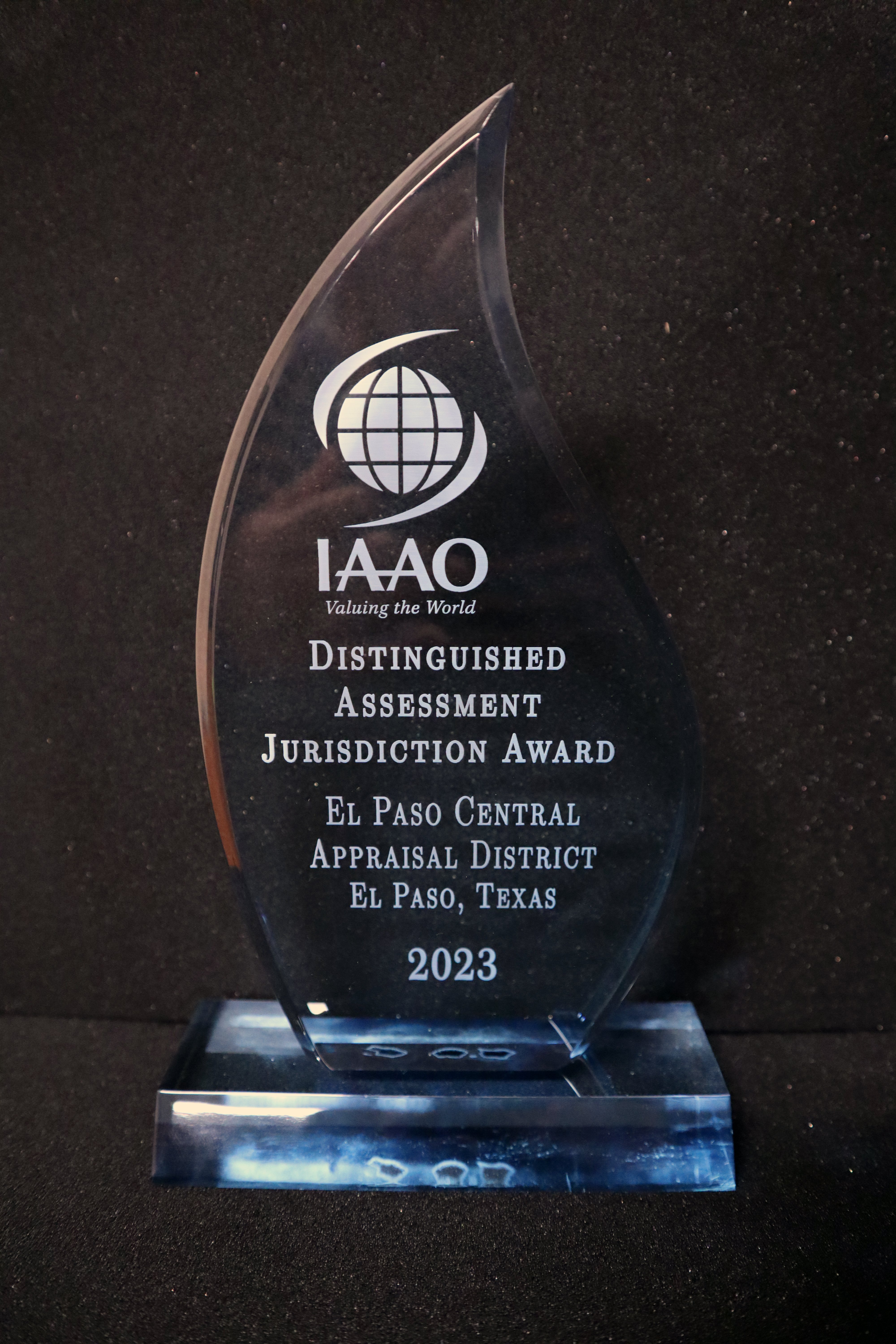 Photo of the physical trophy for the 2023 IAAO's Distinguished Assessment Jurisdiction Award