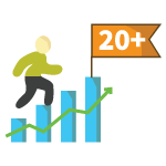 Career Growth icon. Image of a person using a bar graph as stairs. At top of bar graph is a flag with the label 20+.