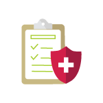Available Benefits icon. Image of clipboard with checklist and a red shield with white cross