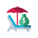 Paid Time off icon. Image of lounge chair with an umbrella and a bag of money.